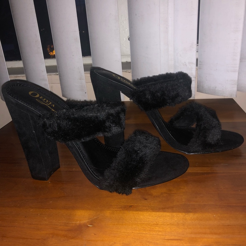 Faux fur slip on heels